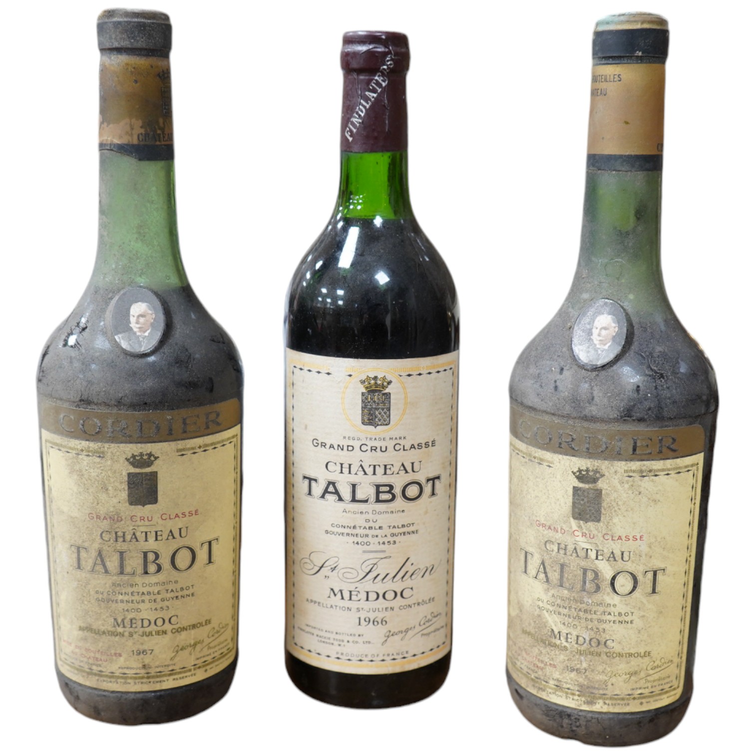 Three bottles of Grand Cru Classe, Chateau Talbot comprising 1966 and two bottles of 1967. Condition - fair, storage unknown